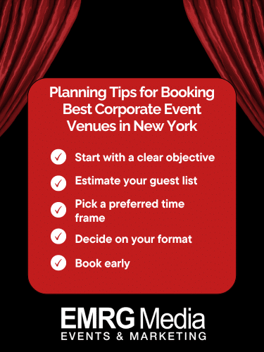 Planning tips for booking the best corporate event venues in New York with checklist by EMRG Media event planning experts