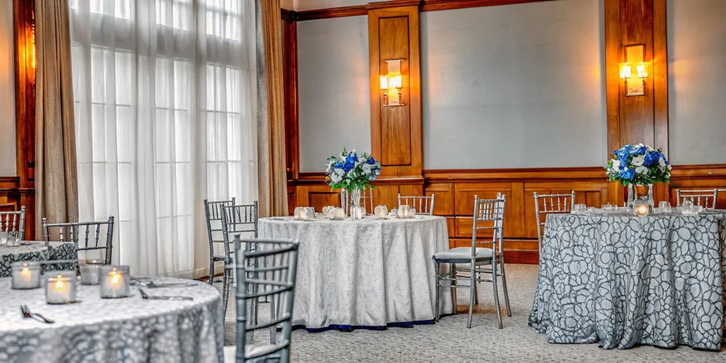 An elegant NYC bar mitzvah reception designed by one of the best planners, with blue and silver decor.
