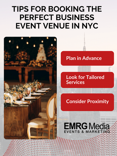 Tips for booking the perfect business event venue in NYC: plan ahead, tailored services, and consider venue proximity.