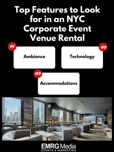 Top features to look for in an NYC corporate event venue rental: ambiance, technology, and accommodations.
