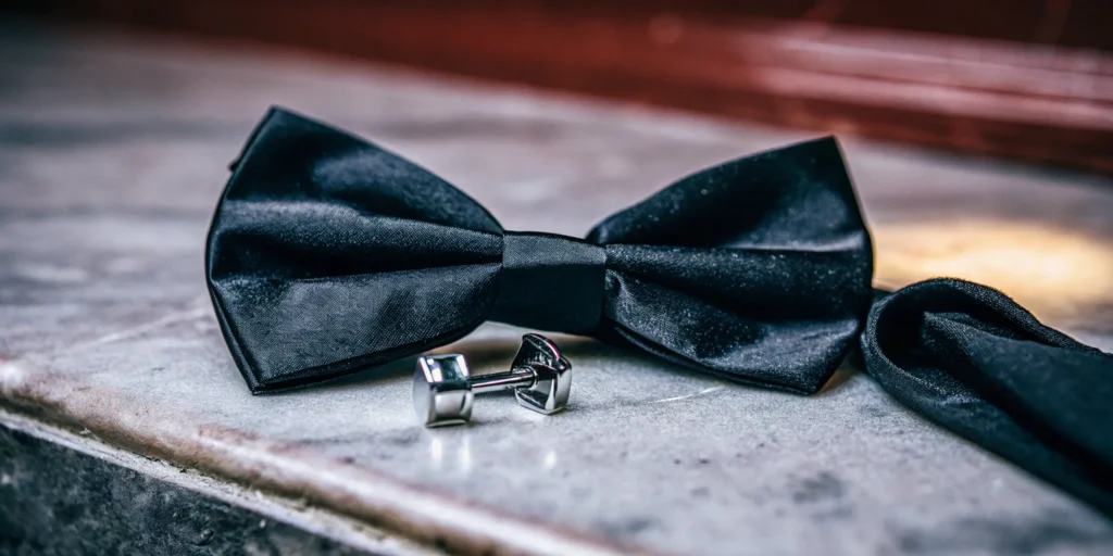 A black bow tie and cufflinks on a marble surface for a black tie event.