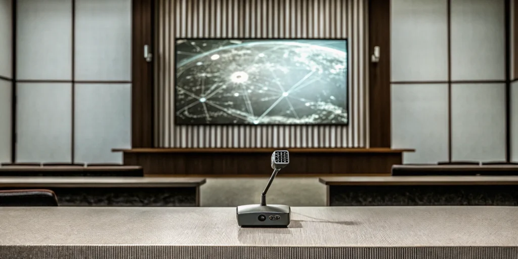 A modern conference room with a microphone, an example of a professional hybrid event setup.