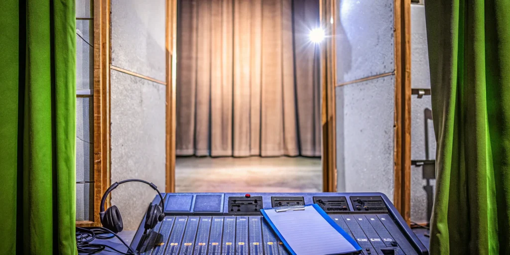 A stage manager's backstage desk with a headset and prompt book overlooking the main stage.