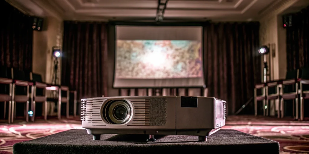 An audio visual setup with a projector in a conference room for a corporate event.