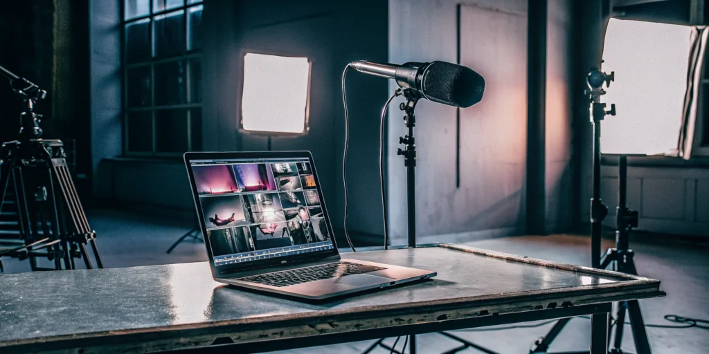 A setup for virtual event production with a laptop, microphone, and studio lights.
