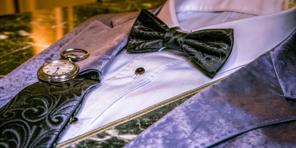 A classic black tie suit, the centerpiece for many elegant theme ideas.