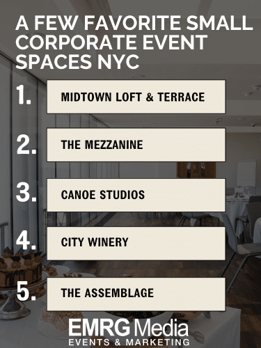 List of top small corporate event spaces NYC including Midtown Loft, The Mezzanine, and City Winery by EMRG Media