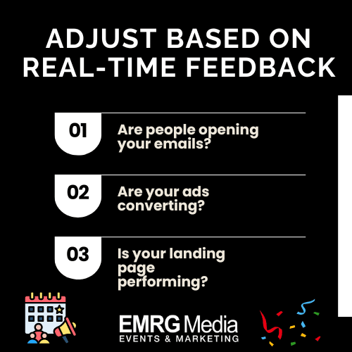 Checklist graphic showing key event marketing metrics: email opens, ad conversions, and landing page performance.