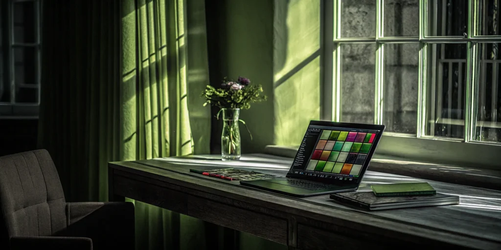 A creative event manager plans on a laptop at a modern desk with notes and flowers.