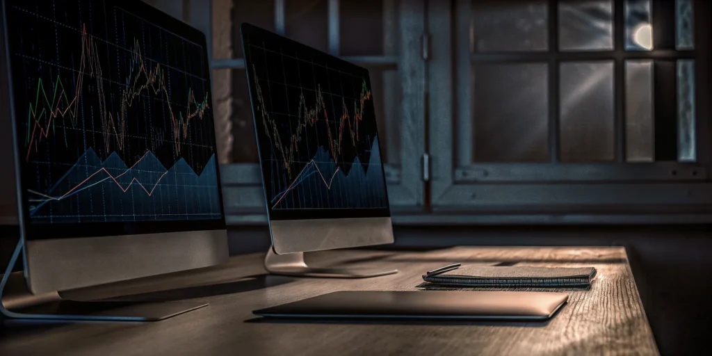 Event platform comparison charts and analytics on dual computer monitors.