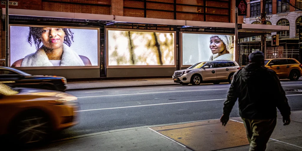 An experiential marketing agency campaign on digital billboards in a busy city at night.