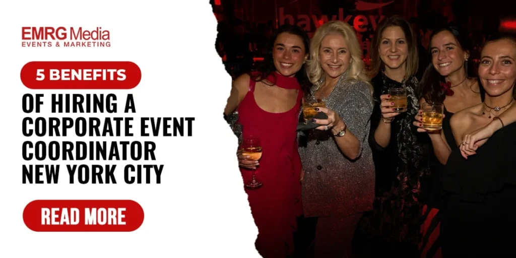 Group of guests enjoying a corporate party planned by a NYC Corporate Event Coordinator from EMRG Media, with drinks in hand