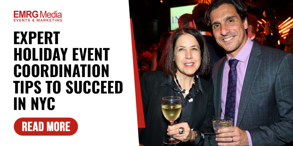 Expert holiday event coordination tips to succeed in NYC, with a couple enjoying a celebration at a holiday event
