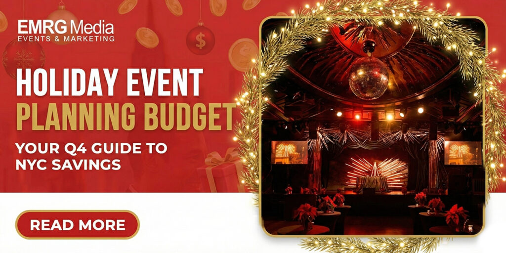 Holiday event planning budget guide for NYC businesses, featuring venue tips, budget help, and festive event visuals for Q4