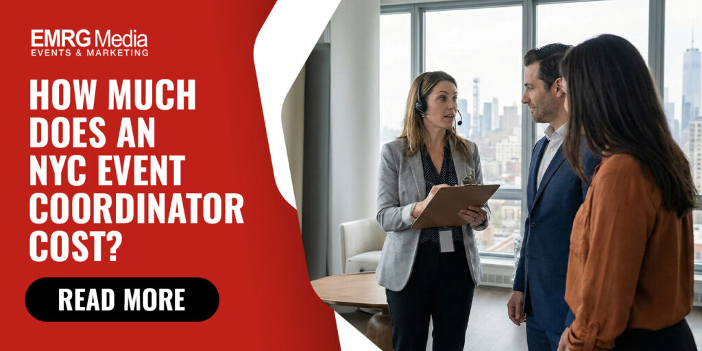 Professional NYC event coordinator consulting clients in modern offices, highlighting event planning costs and expertise.