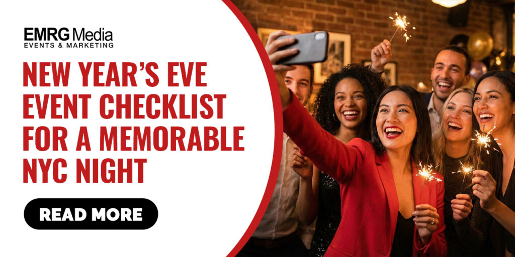 Group of professionals celebrating with sparklers in NYC for a corporate New Year’s Eve event; checklist planning visual