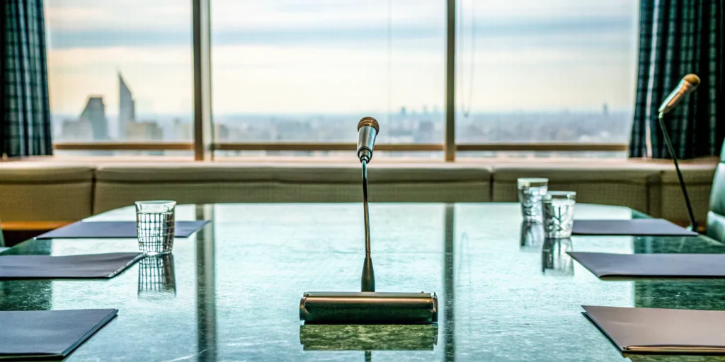 A conference table with microphones and folders prepared for a press event.