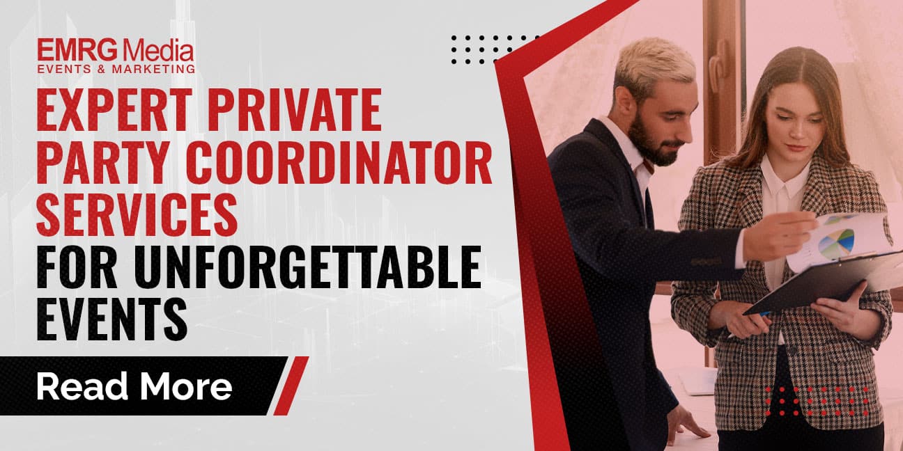 Private party coordinator services from EMRG Media for unforgettable events are shown, with a man and woman reviewing charts.