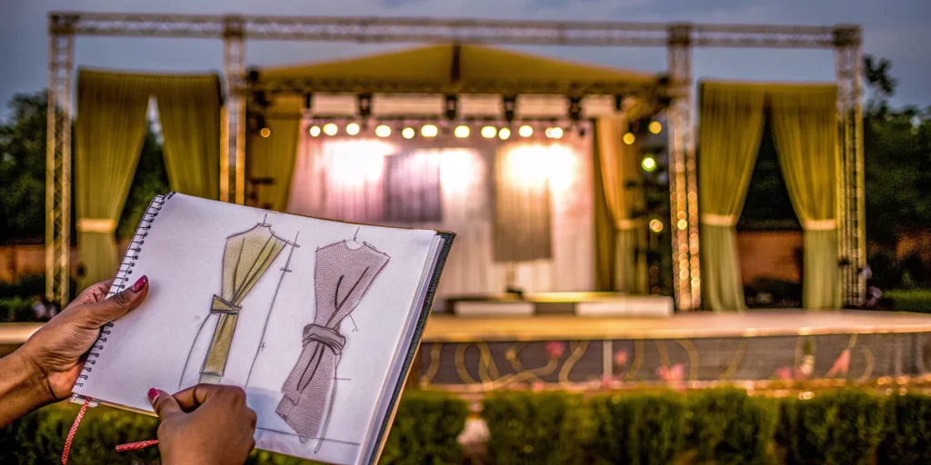A hand holding a stage design sketch in front of the final, constructed stage.