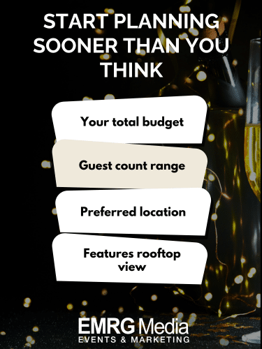 Event planning checklist graphic showing budget, guest count, and rooftop venue options for New Year’s Eve in New York City