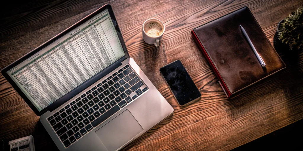A desk with a laptop and checklist for effective trade show planning.
