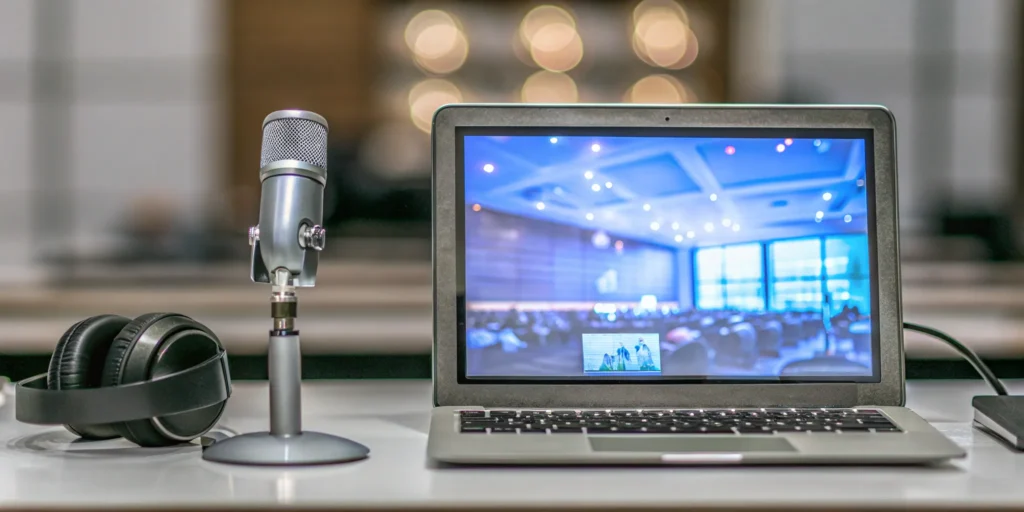 A laptop and microphone on a desk for a presentation on a webinar vs a virtual event.