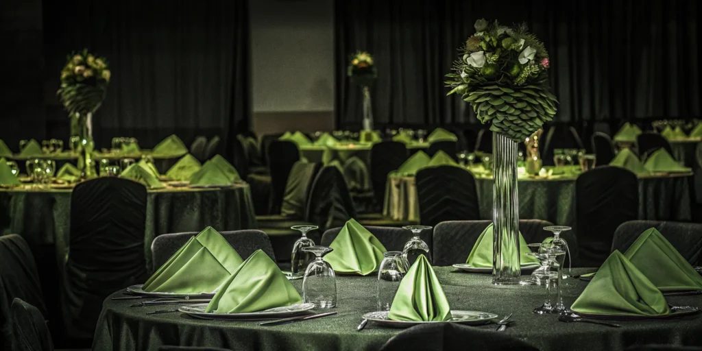 A large event space with tables set for a gala, showcasing professional event production.