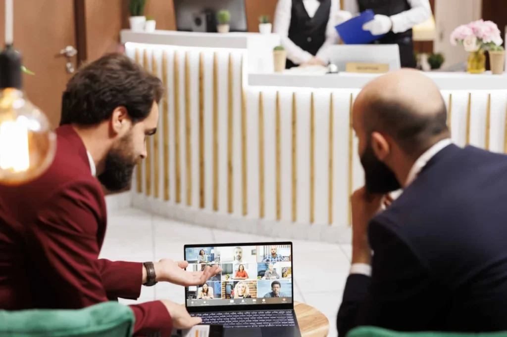 Business partners meet with people