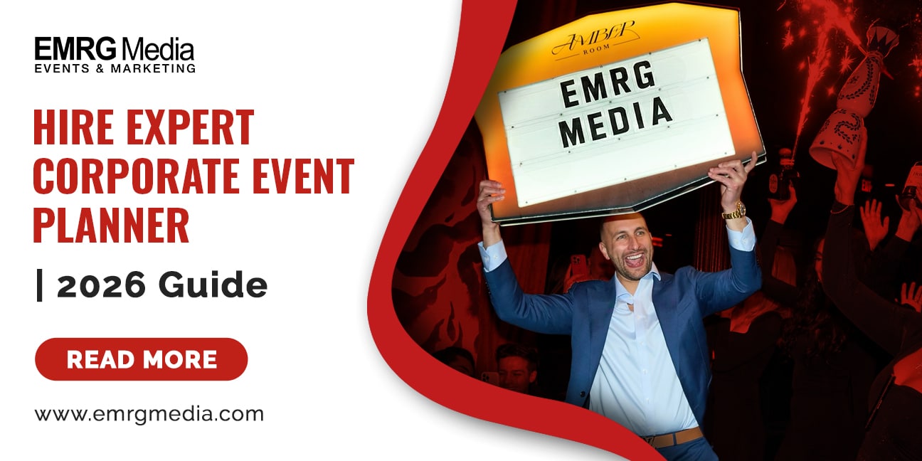Corporate event planner: A promotional image for EMRG Media's 2026 guide, featuring a smiling man holding a large light-up sign.