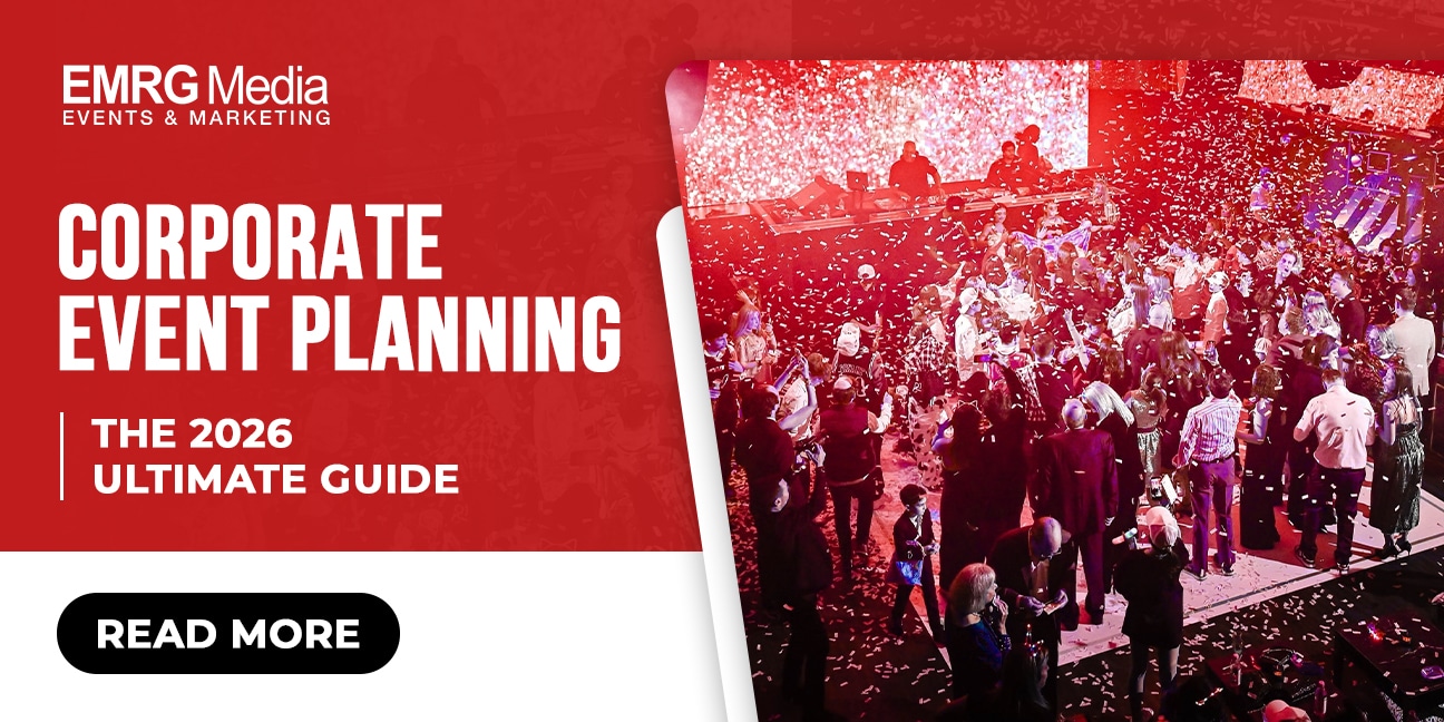 Corporate event planning: EMRG Media's Ultimate Guide for 2026, showing a large crowd enjoying a lively event with falling confetti.