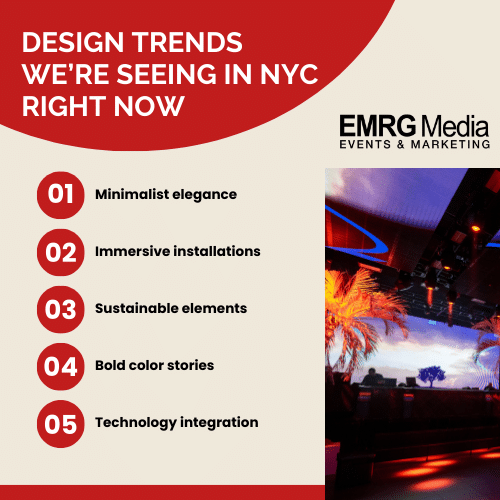 Top 5 event design and décor New York trends including immersive, minimalist, sustainable, bold, and tech-forward elements.