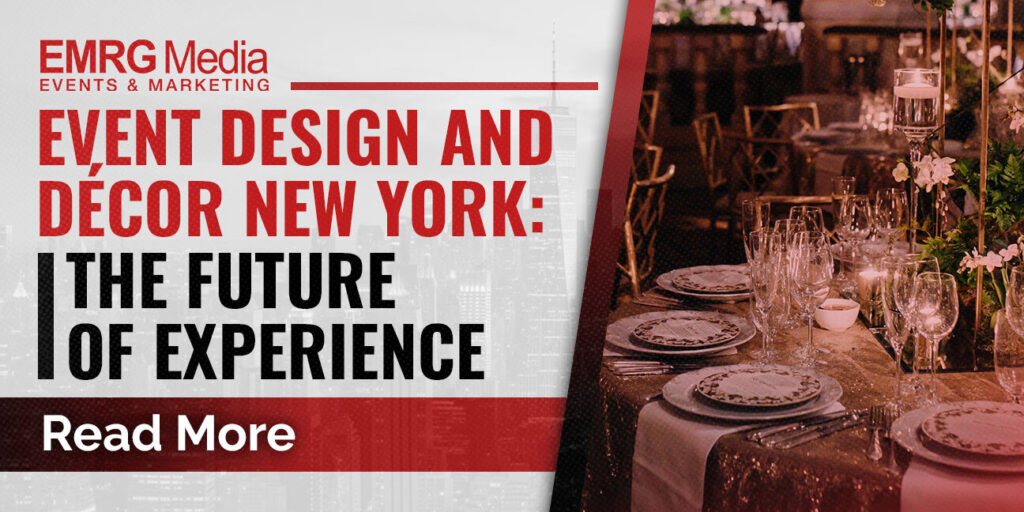 Event design and décor New York blog cover by EMRG Media showing a luxury event setup with floral centerpieces and glassware