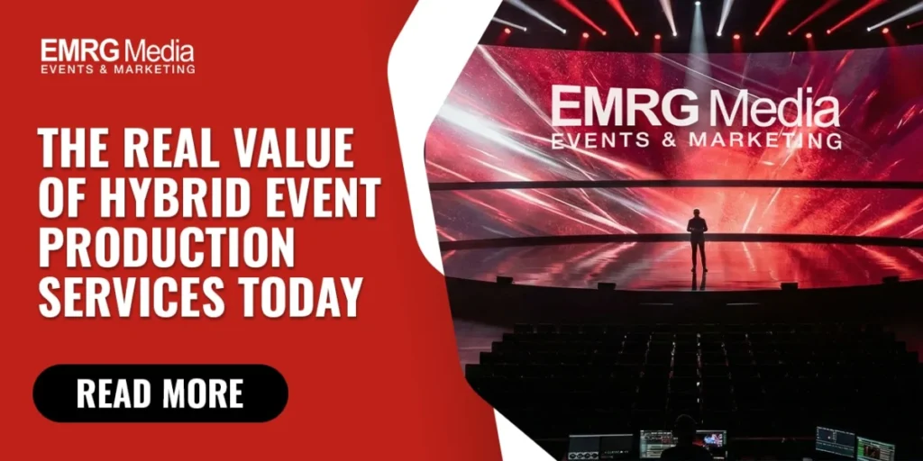 Hybrid event stage setup showcasing the value of hybrid event production services for corporate brands in New York