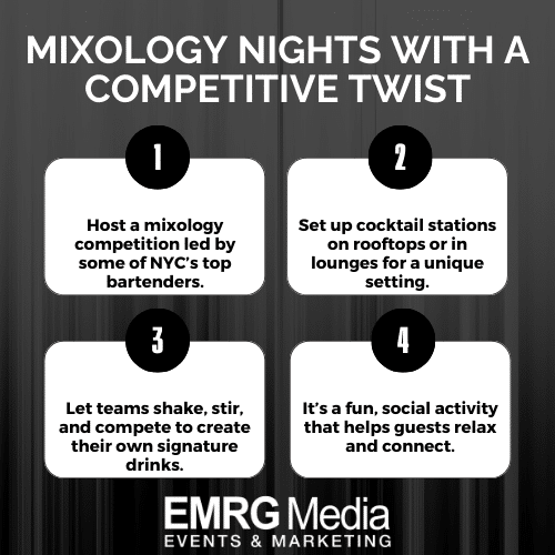 Mixology competition hosted by NYC's top bartenders at corporate events with signature drinks and fun team challenges
