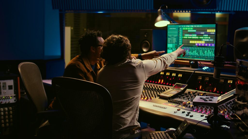 Diverse people processing and mixing sounds on audio console