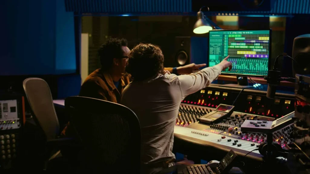 Diverse people processing and mixing sounds on audio console