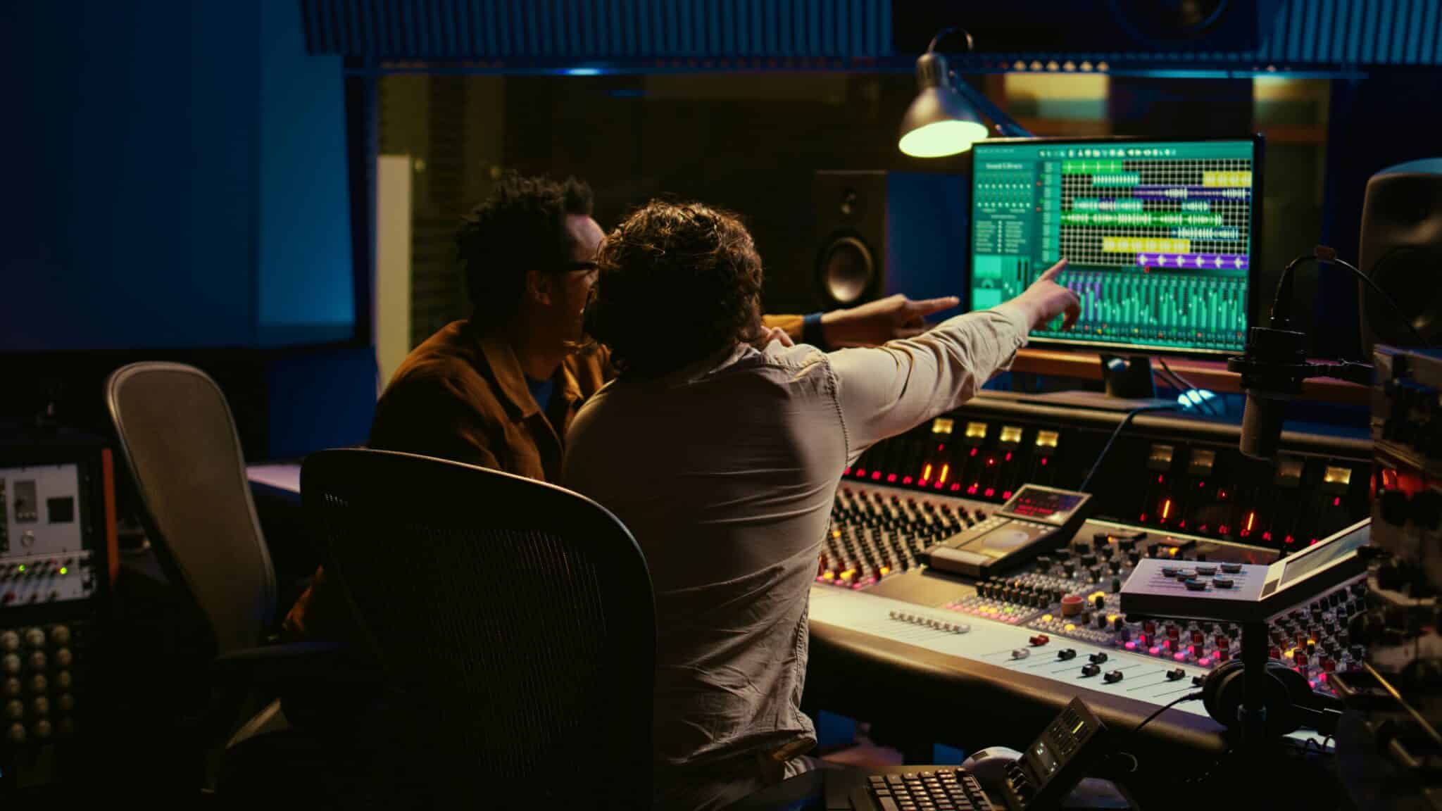 Diverse people processing and mixing sounds on audio console