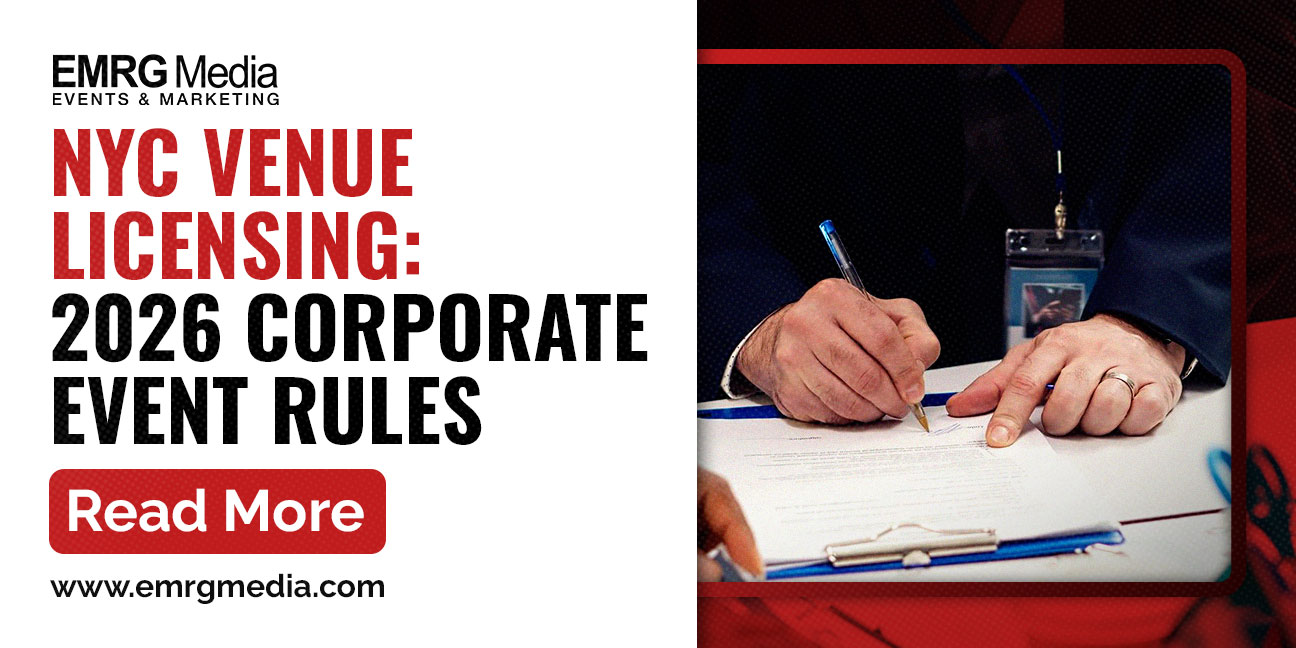 NYC venue licensing: EMRG Media article preview on 2026 corporate event rules, showing a person signing a document.