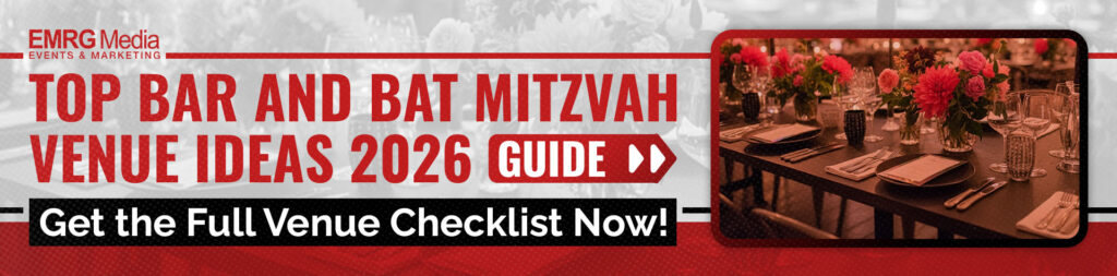Bar and Bat Mitzvah venue ideas guide for 2026 from EMRG Media, showing a sophisticated table setting with flowers.