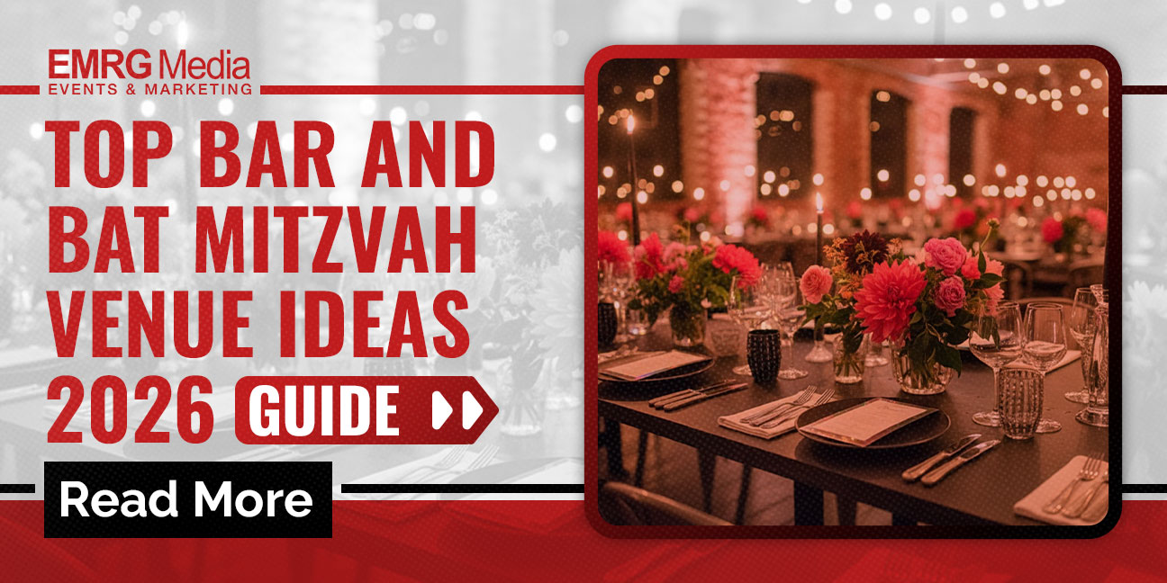 Bar and bat mitzvah venue guide for 2026 by EMRG Media, showing an elegant table set for a celebration with flowers and string lights.