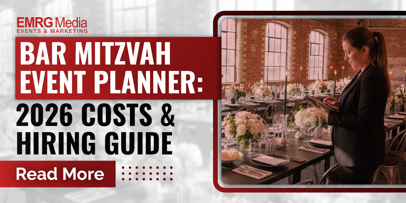 Bar Mitzvah event planner reviewing details on a tablet in an event space, with the text "2026 Costs & Hiring Guide."