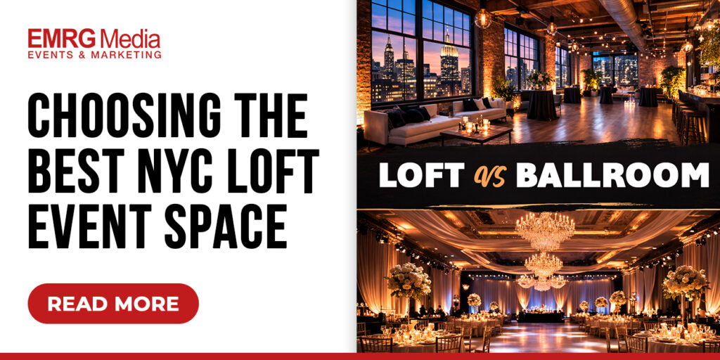 NYC loft event space vs hotel ballroom comparison showing modern loft interior and elegant Manhattan ballroom setup