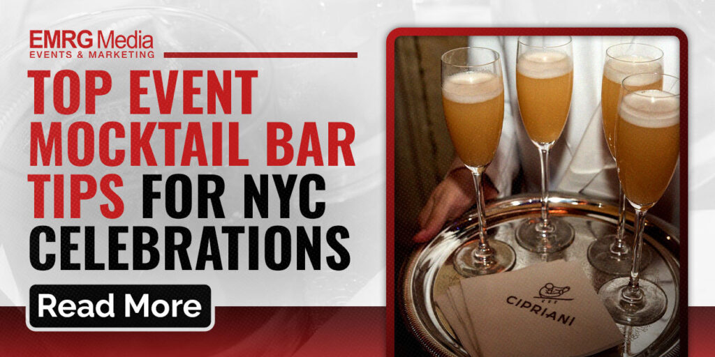 Event mocktail bar setup for NYC celebration with elegant drinks and tray service at a EMRG Media event