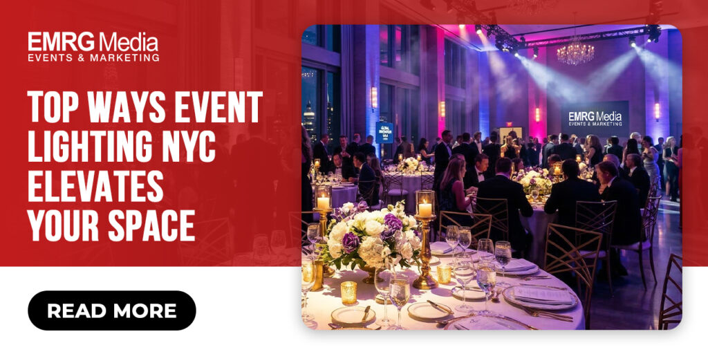 Event lighting NYC setup at elegant gala with uplighting, stage lights, and modern decor in a luxury Manhattan venue