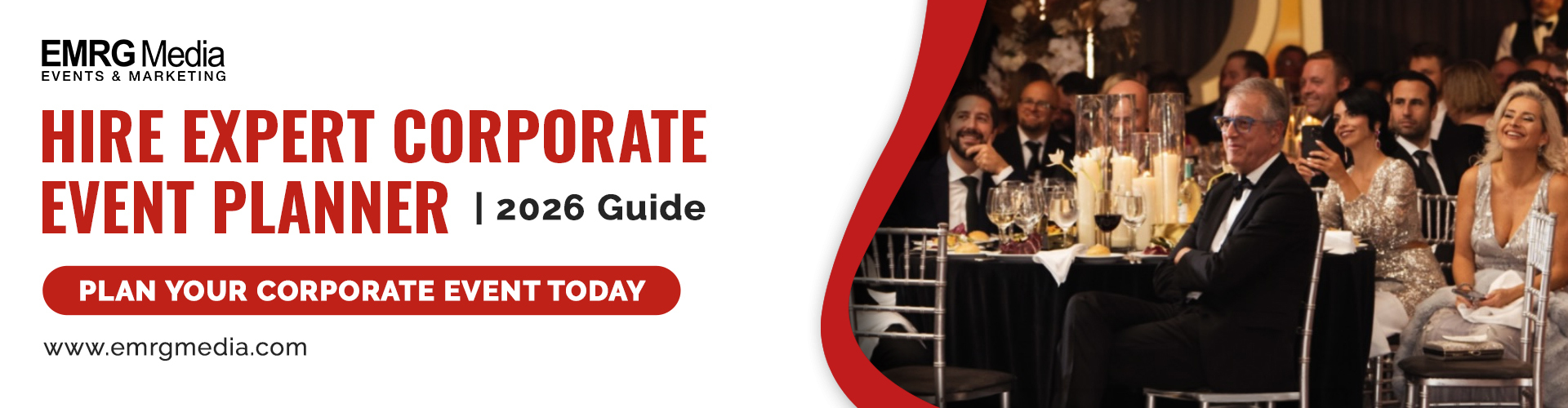 Corporate event planner banner for EMRG Media with text '2026 Guide' and a photo of formal guests at a black-tie dinner.