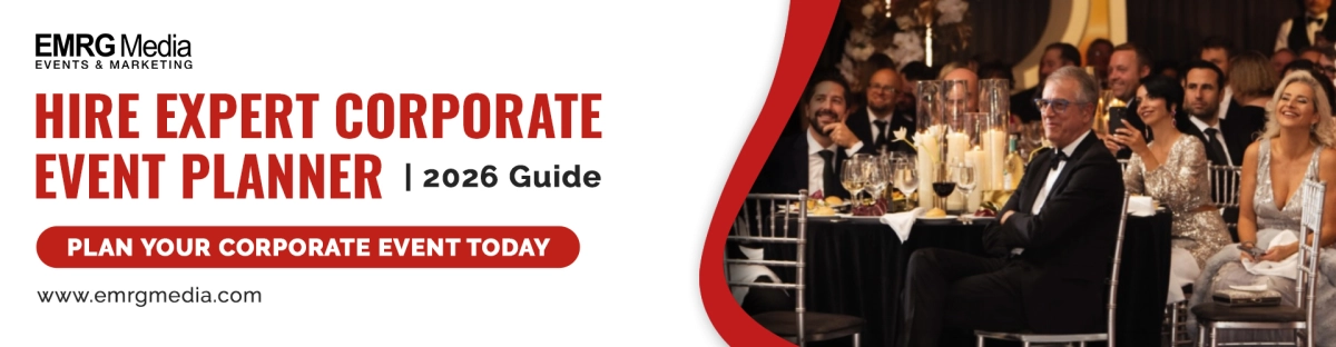 Corporate event planner banner for EMRG Media with text '2026 Guide' and a photo of formal guests at a black-tie dinner.