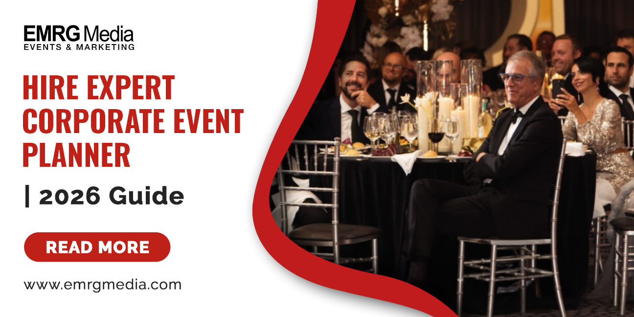 Corporate event planner 2026 Guide banner by EMRG Media, showing smiling guests at a formal corporate dinner and reception.