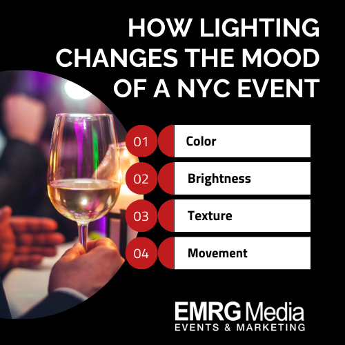 Event lighting NYC mood design showing color, brightness, texture, and movement at a stylish New York event