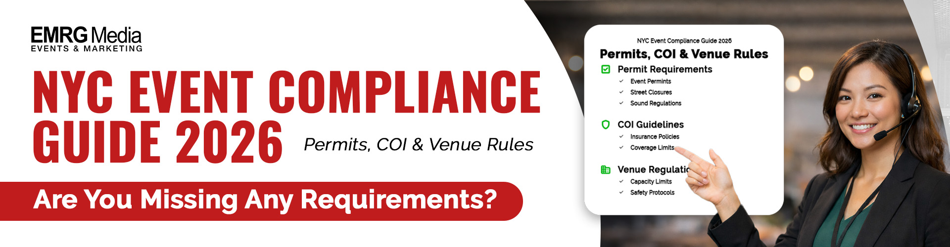 NYC event compliance: Guide 2026 cover with a woman pointing to a list of requirements for permits, COI, and venue rules.