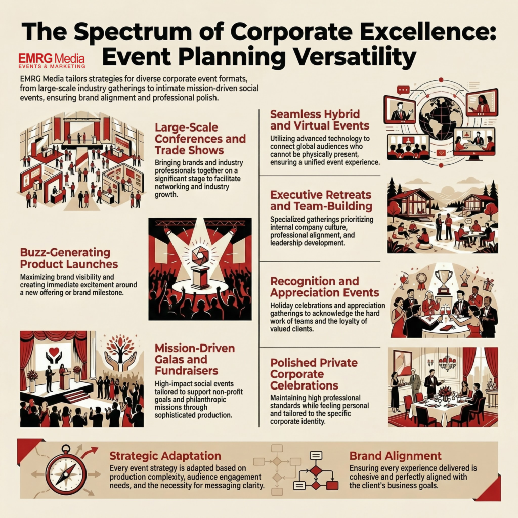 The types of corporate events that corporate event planner handle.